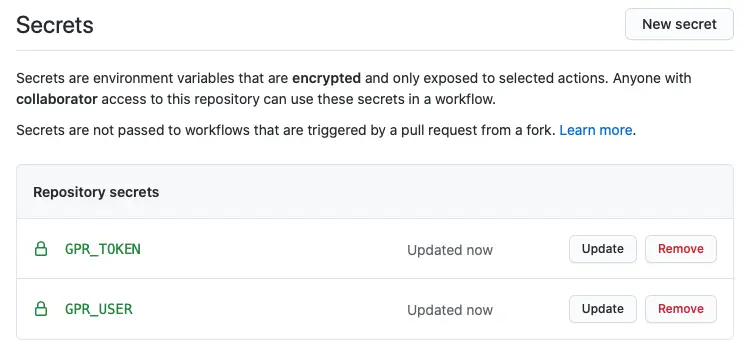 Diese Secrets müssen wir nur in den Repository-Einstellungen erstellen, wenn wir in ein anderes Repository publishen