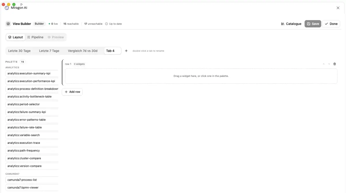 View Builder im Build-Modus: Tab-Leiste mit Letzte 30 Tage, Letzte 7 Tage, Vergleich 7d vs 30d und neuem Tab 4. Links eine Widget-Palette (analytics:execution-summary-kpi, analytics:activity-bottleneck-table, analytics:path-frequency und weitere). Rechts eine leere Row als Drop-Zone.