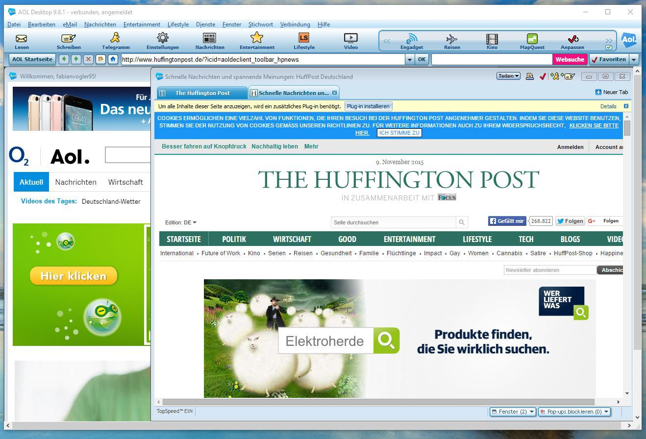 AOL-Desktop mit eingebettetem Browser, daneben Online-Inhalte: das Internet als Funktion des Anbieter-Tools.
